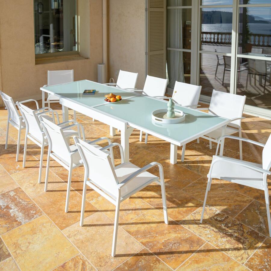 Table de jardin extensible 10 places en verre Murano (270 x 90 cm) - Blanche 5