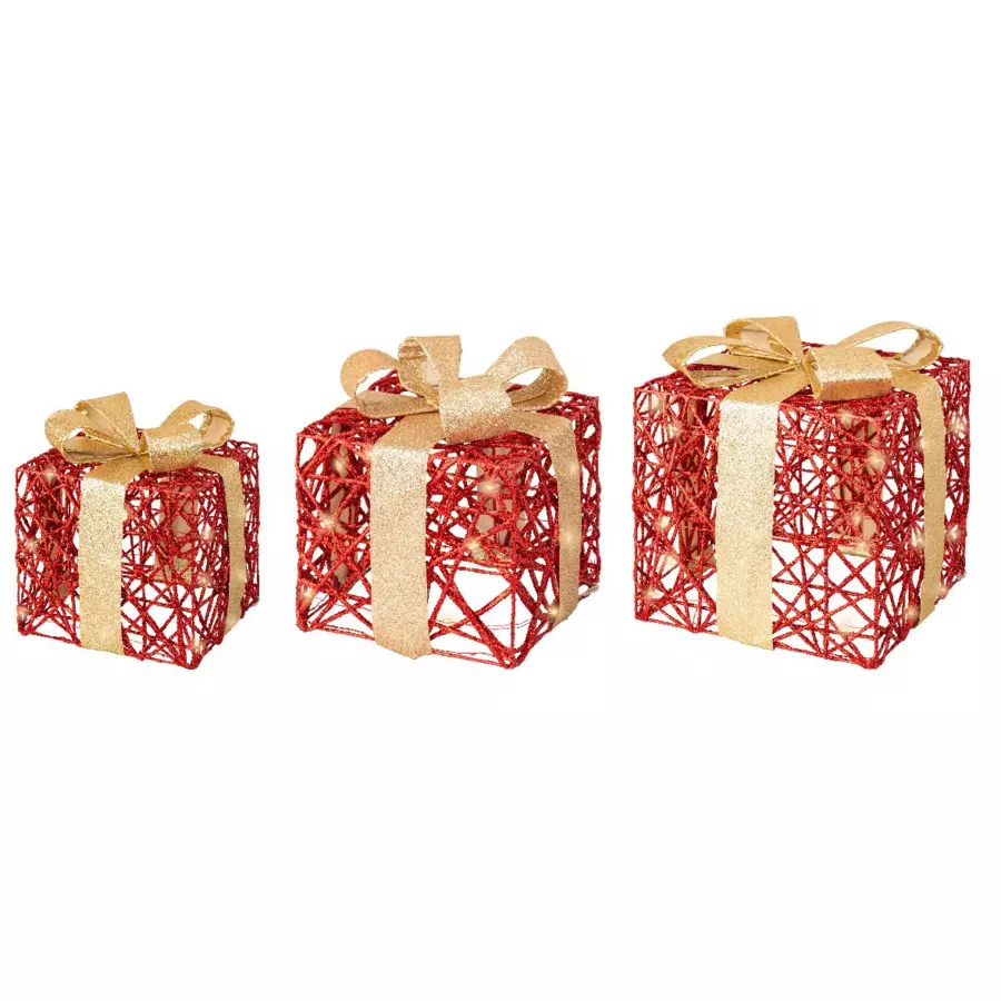 set van 3 rode cadeaus (batterij) verlicht Warm wit 30 LED 4