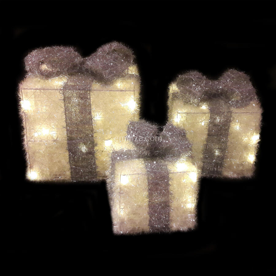 Set van 3 cadeaux lint grijs (batterij) verlicht Warm wit 65 LED 5
