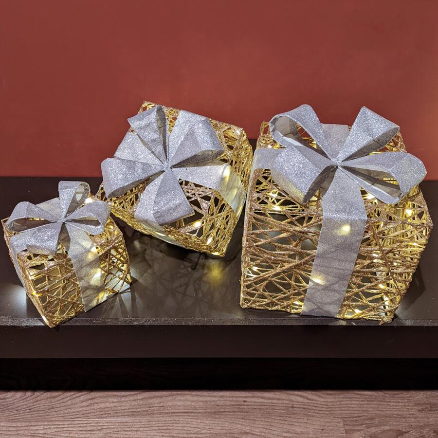 Set van 3 gouden cadeaux (batterij) verlicht Warm wit 30 LED 4