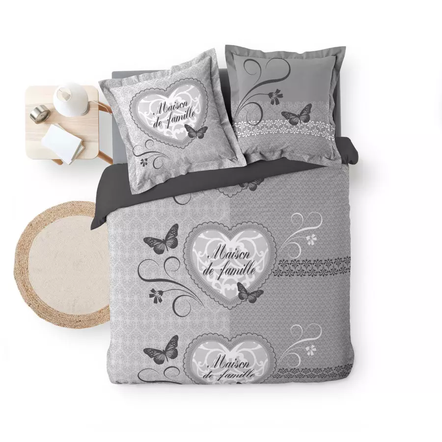 Housse de couette et deux taies coton (240 cm) Family Home Grise 5