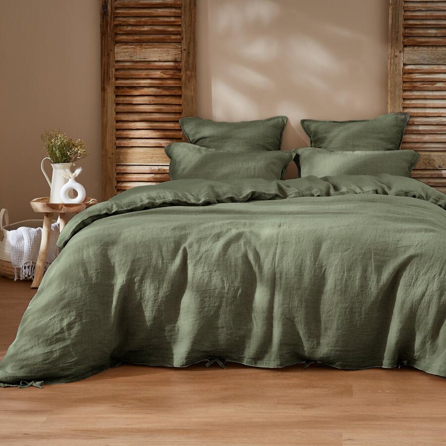 Funda de almohada cuadrada en lino lavado (80 cm) Louise Verde romero 5