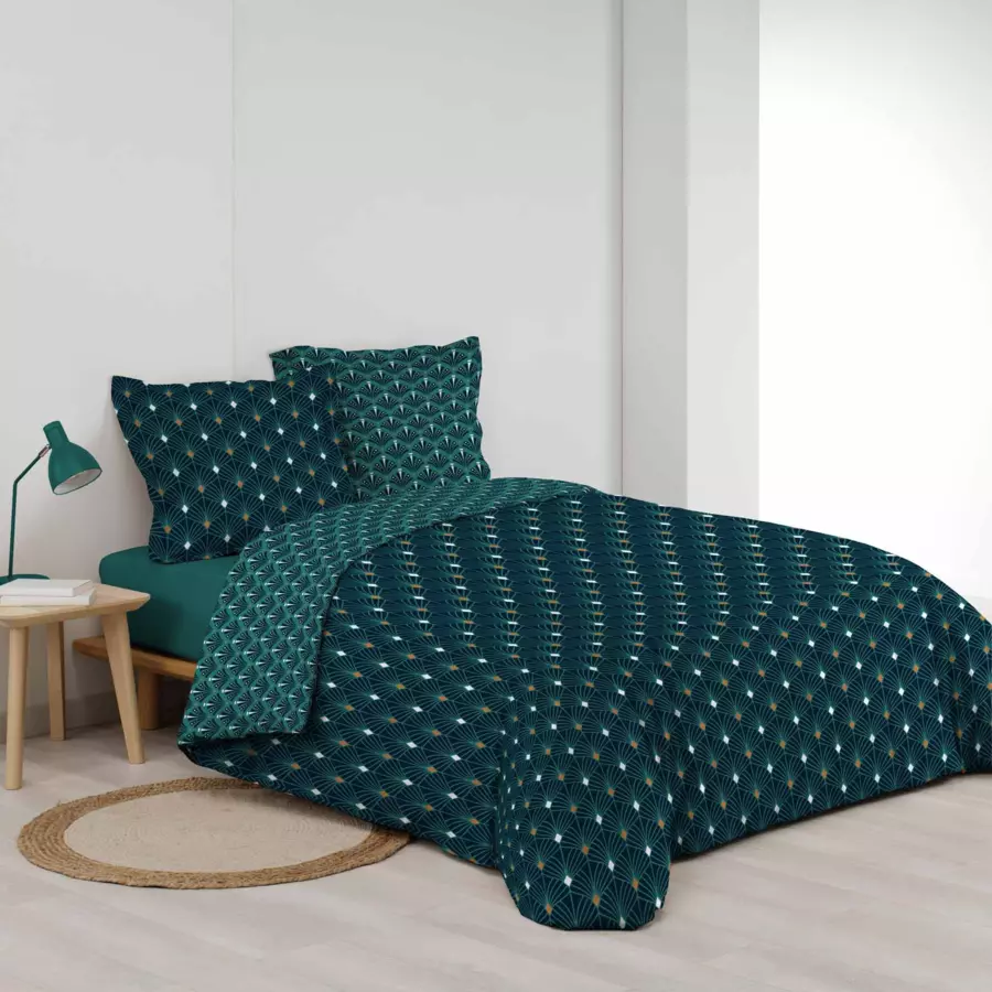 Funda nórdica y dos fundas para almohadones en algodón (260 cm) Meloe Azul trullo 4