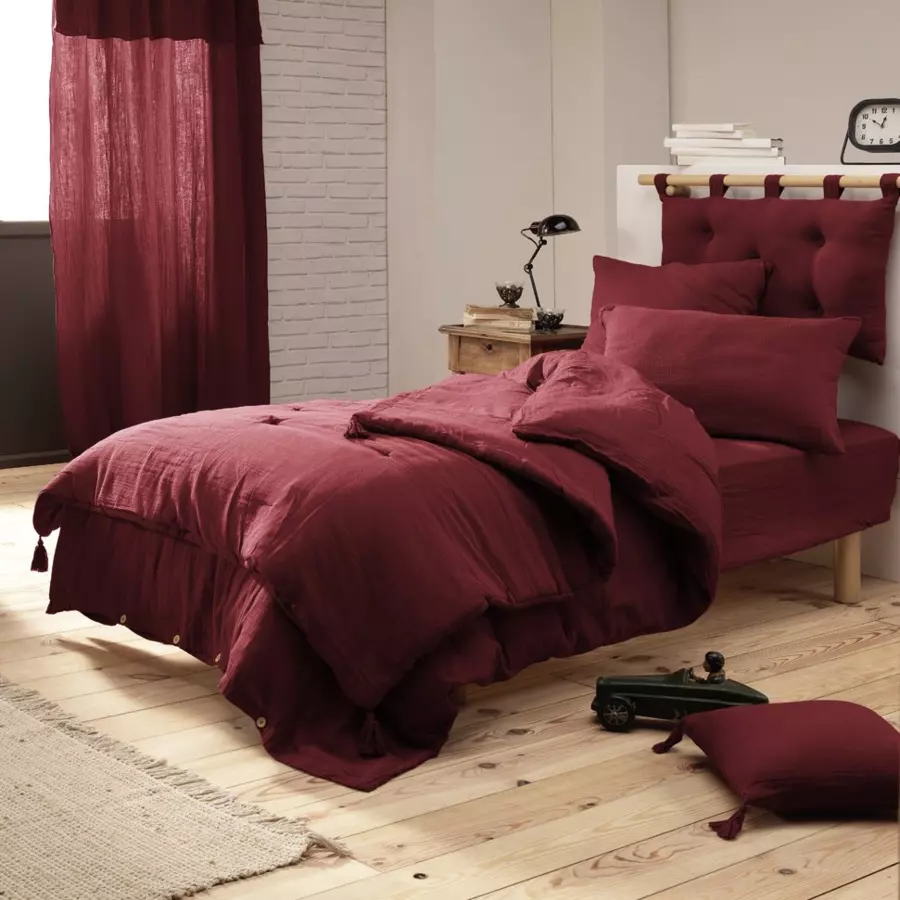 Camino de cama edredón gasa de algodón (150 x 150 cm) Gaïa Vino tinto 4