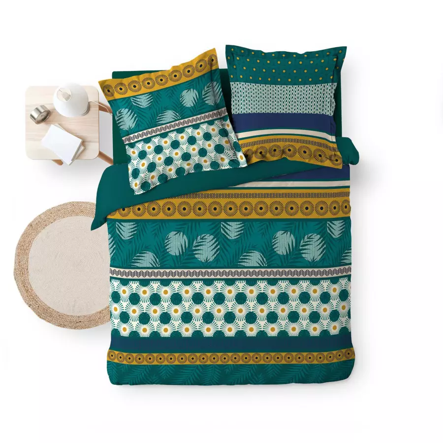 Housse de couette et deux taies coton (260 cm) Lauralys Verte 5