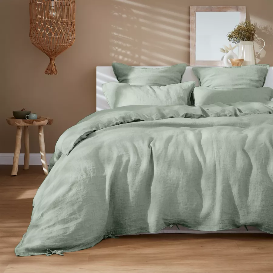 Drap housse lin lavé (140 cm) Louise Vert eucalyptus
