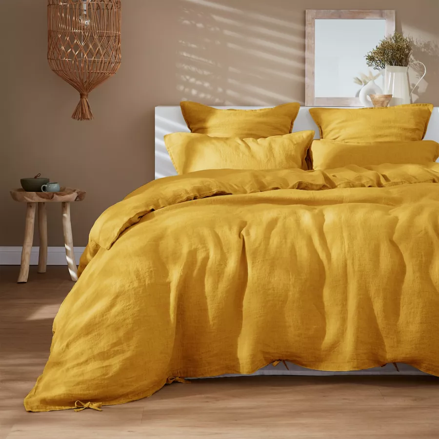 Drap housse lin lavé (140 cm) Louise Jaune moutarde