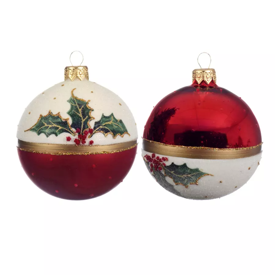 Lote de 6 bolas de Navidad en vidrio (D80 mm) Acebo Rojo  4