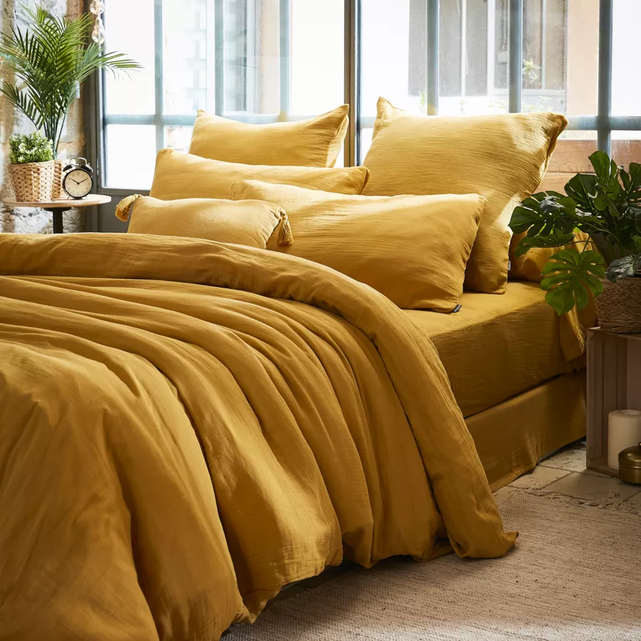 Funda para almohada rectangular en gasa de algodón (L80 cm) Gaïa Amarillo azafrán 5
