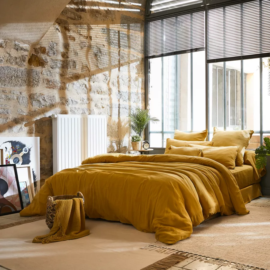 Drap plat gaze de coton (270 cm) Gaïa Jaune safran