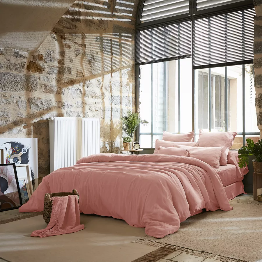 Sábana encimera en gasa de algodón (270 cm) Gaïa Rosa durazno