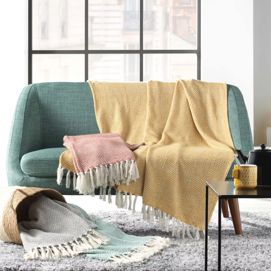 PLAID A FRANGES 125 x 150 CM COTON TISSE LOUISETTE JAUNE