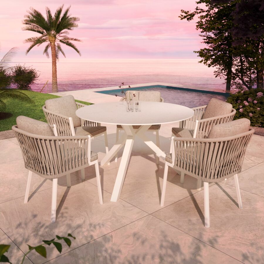 Tavolo da giardino 6 posti Alluminio/Ceramica Kore (D120 cm) - Bianco/Grigio chiaro