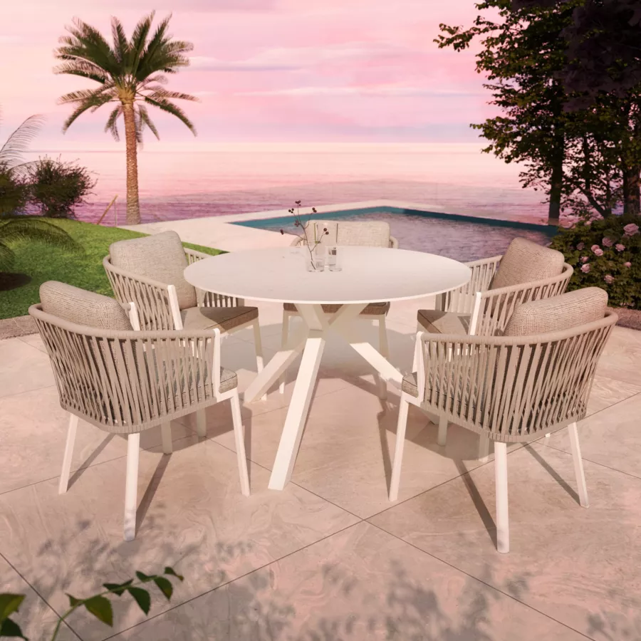 Table de jardin 6 places Aluminium/Céramique Kore (D120 cm) - Blanc/Gris clair