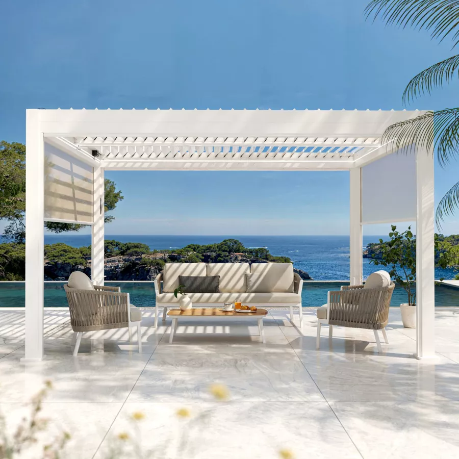 Pérgola bioclimática autoportante motorizada de aluminio  (3 x 4 m) LED - Blanco