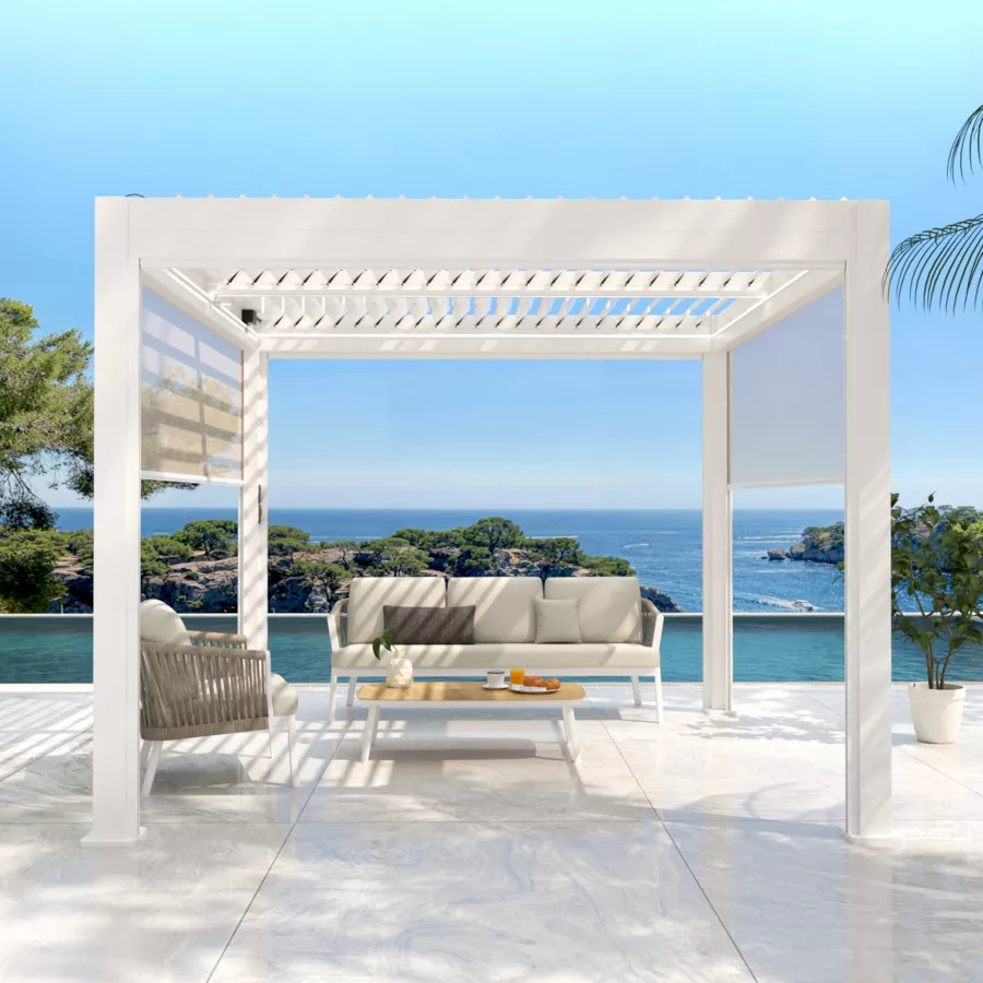 Pérgola bioclimática autoportante motorizada de aluminio  (3 x 3 m) LED - Blanco