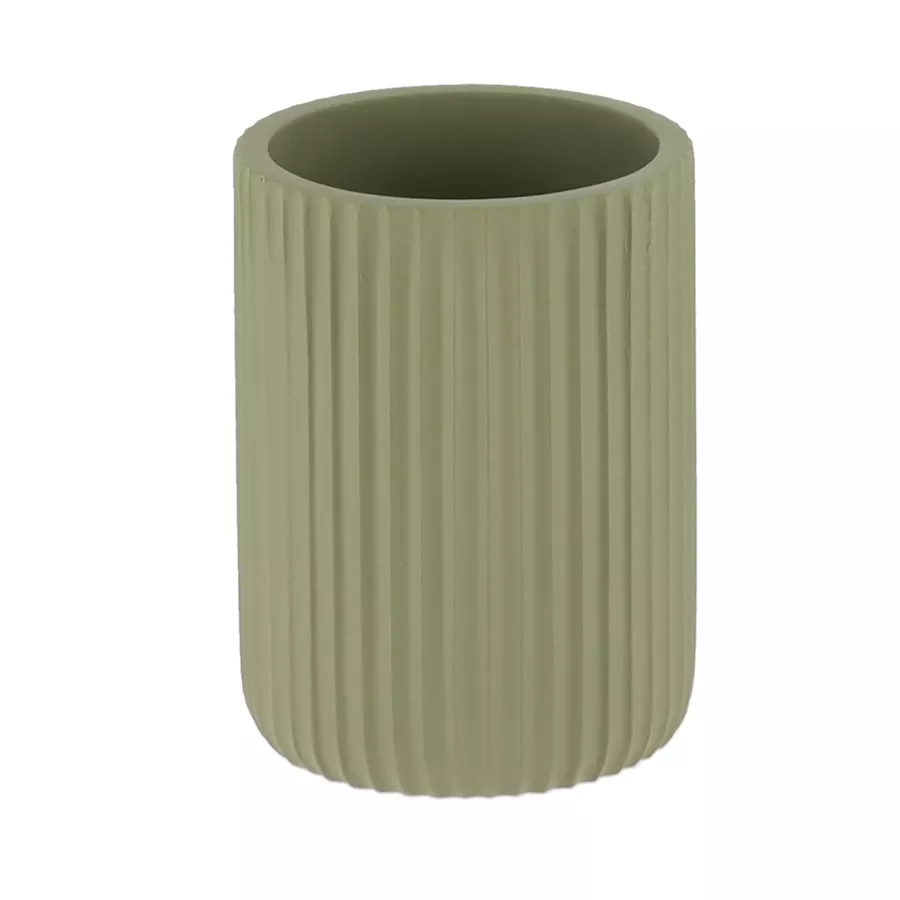 SET GOBELET DISTRIBUTEUR A SAVON ET PORTE SAVON POLYRESINE STRIEE - KAKI