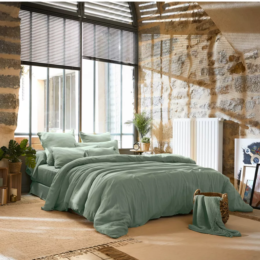 Cache-sommier Gaze de coton (180 x 200 cm) Gaïa Vert eucalyptus