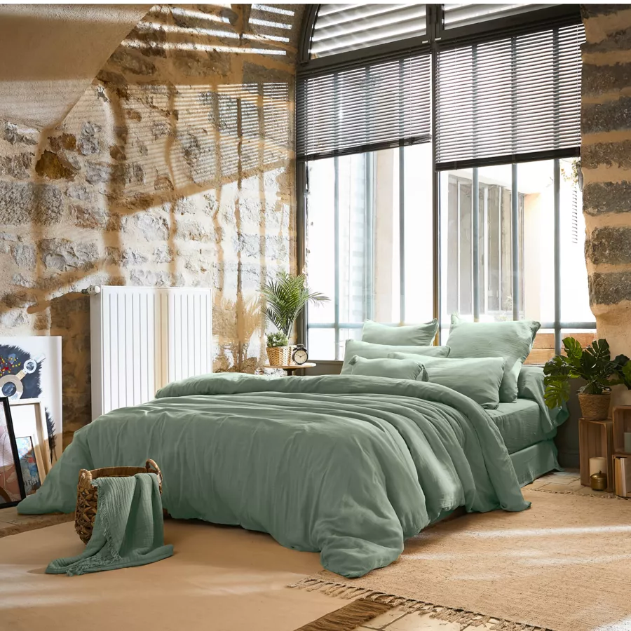 Drap plat gaze de coton (240 x 300 cm) Gaïa Vert eucalyptus 