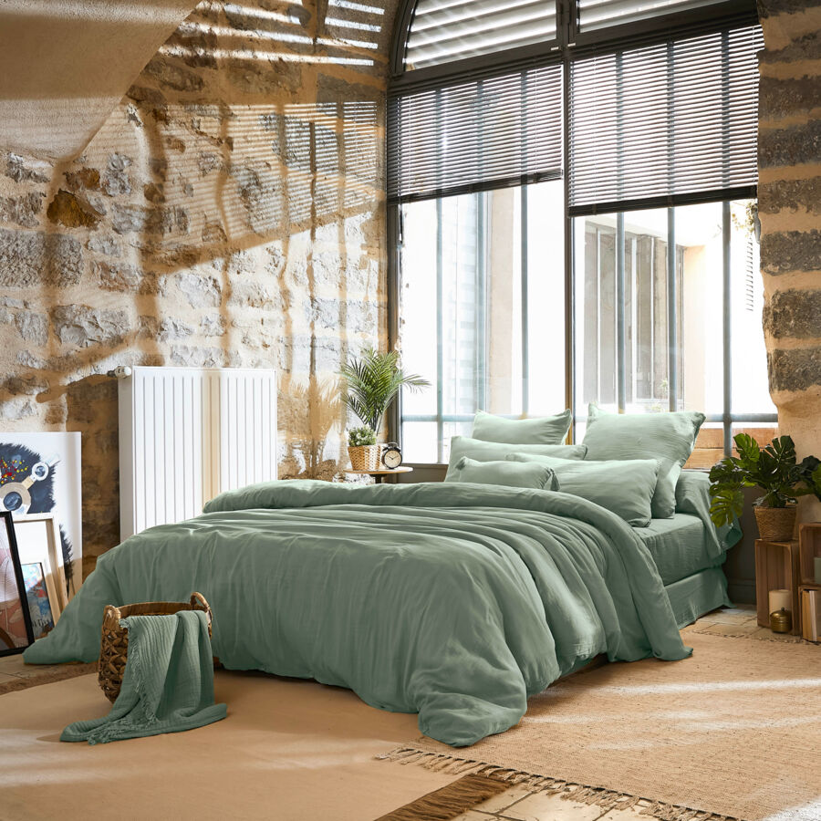 Bettbezug aus Baumwoll-Gaze (260 x 240 cm) Gaïa Eukalyptusgrün