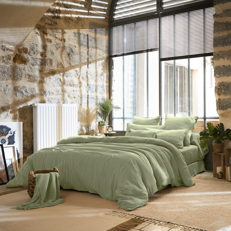 Bettbezug aus Baumwoll-Gaze (260 cm) Gaïa Lindengrün