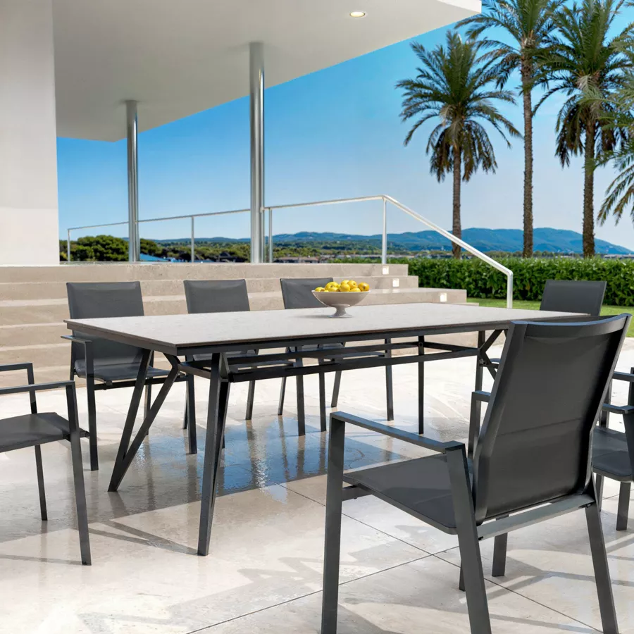 Mesa de jardín en aluminio/HPL 10 lugares (220 x 115 cm) Biarritz - Efecto piedra Blanco/Antracita