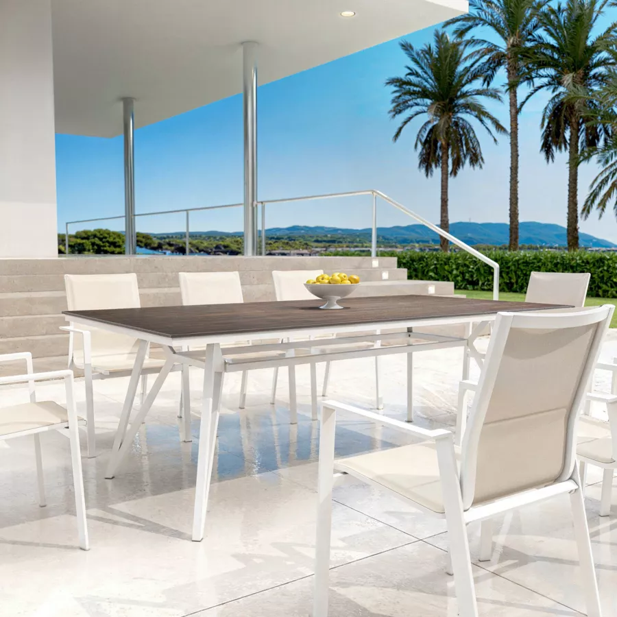 Mesa de jardín en aluminio/HPL 10 lugares (220 x 115 cm) Biarritz - Efecto madera/Blanco