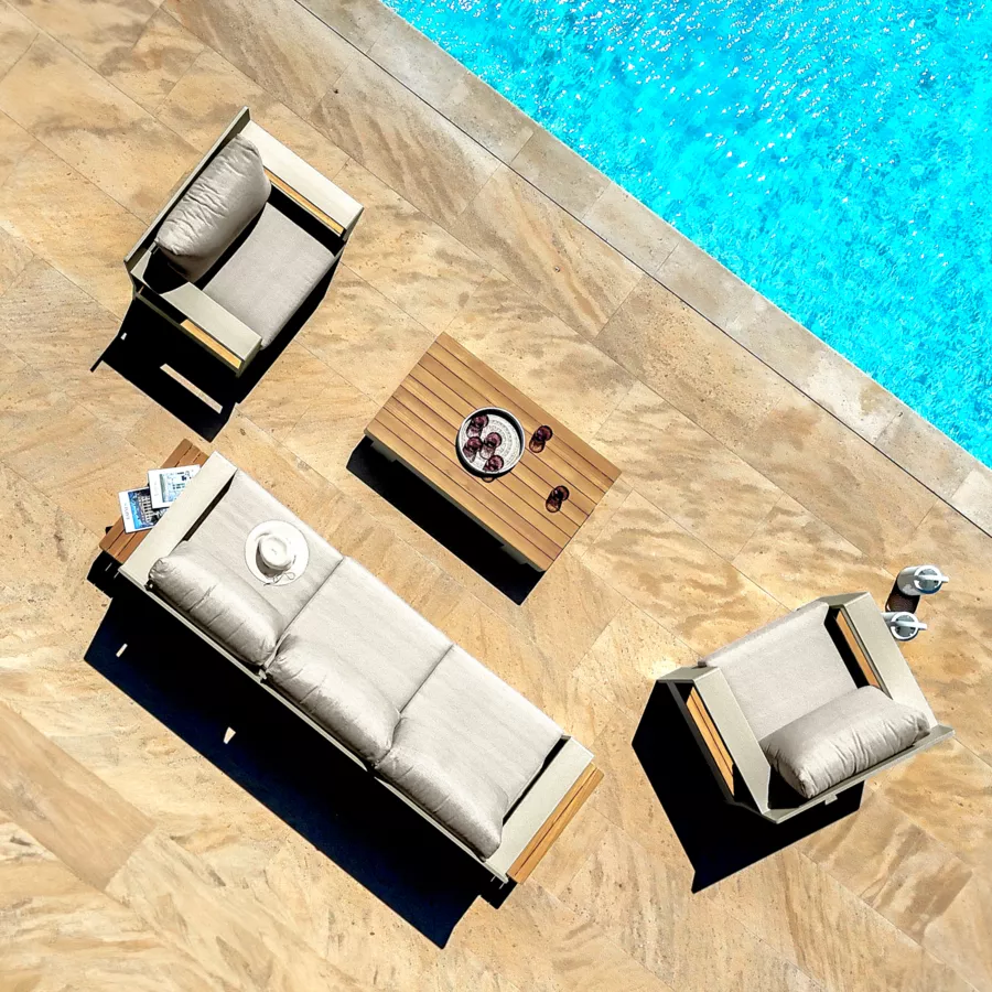 Loungeset aluminium/teak hout 5 zitplaatsen Antibes - Roomwit