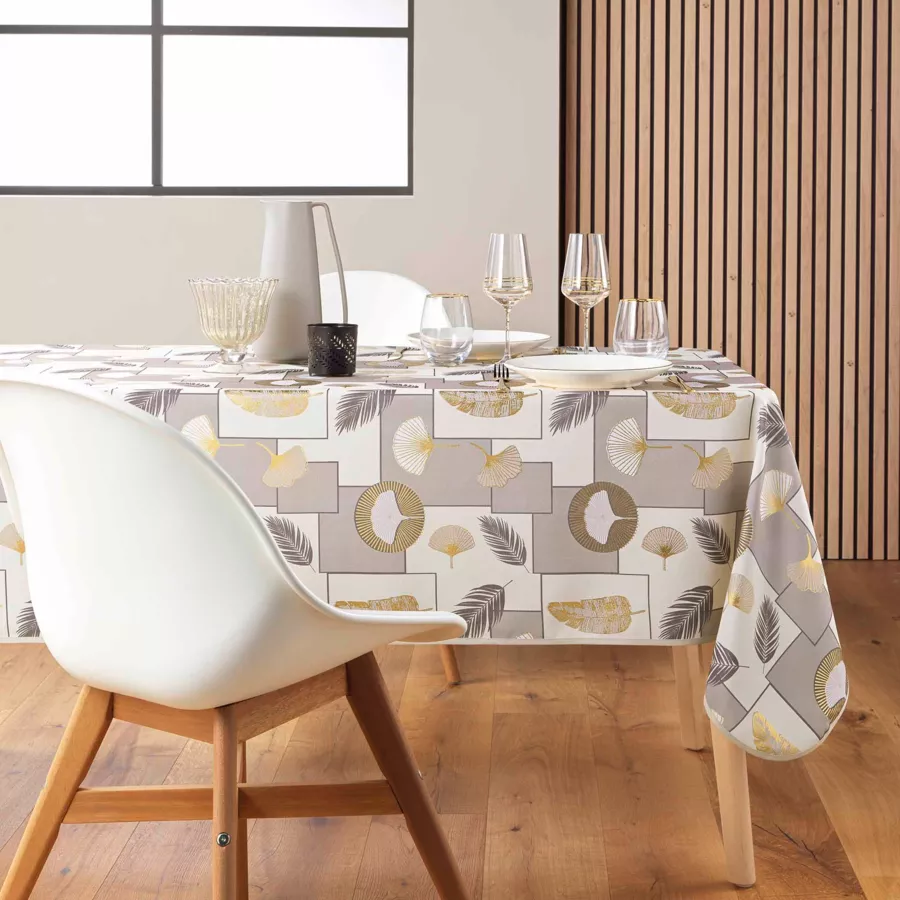 NAPPE RECTANGLE 145 x 240 CM POLYESTER IMPRIME METALLISE NATANE NATUREL