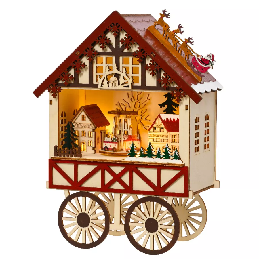 Village de Noël en bois lumineux et musical à piles (20 x H27 cm) Charriot et village
