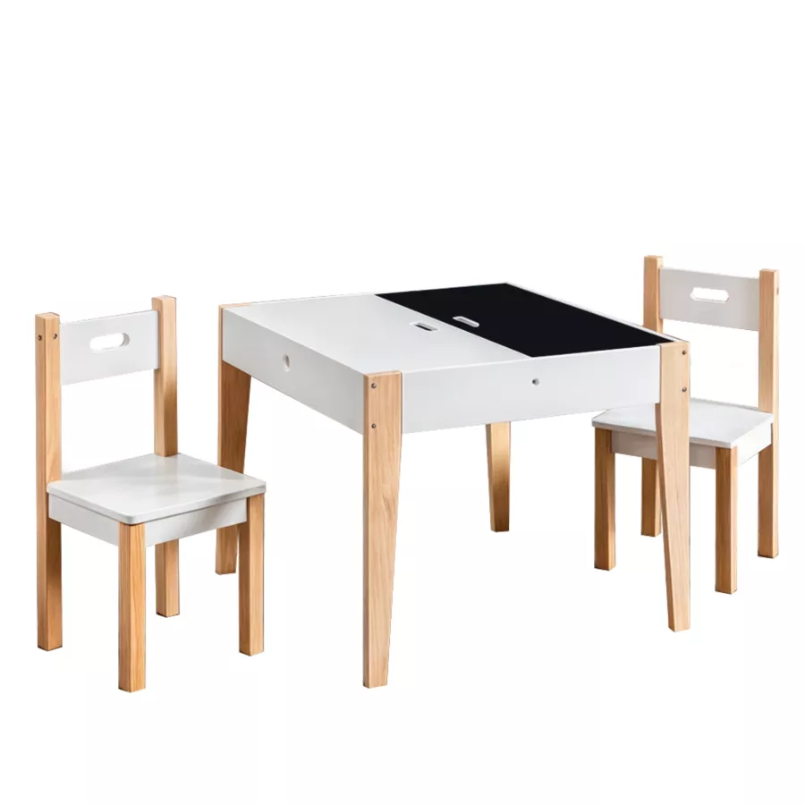 Tisch und 2 Kinderstühle Holz Tafel (H49,5 cm) Charlie Weiß