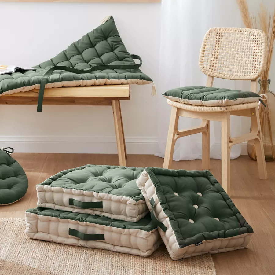 Galette de chaise ronde coton (40 cm) Pixel Bicolore Vert kaki / beige