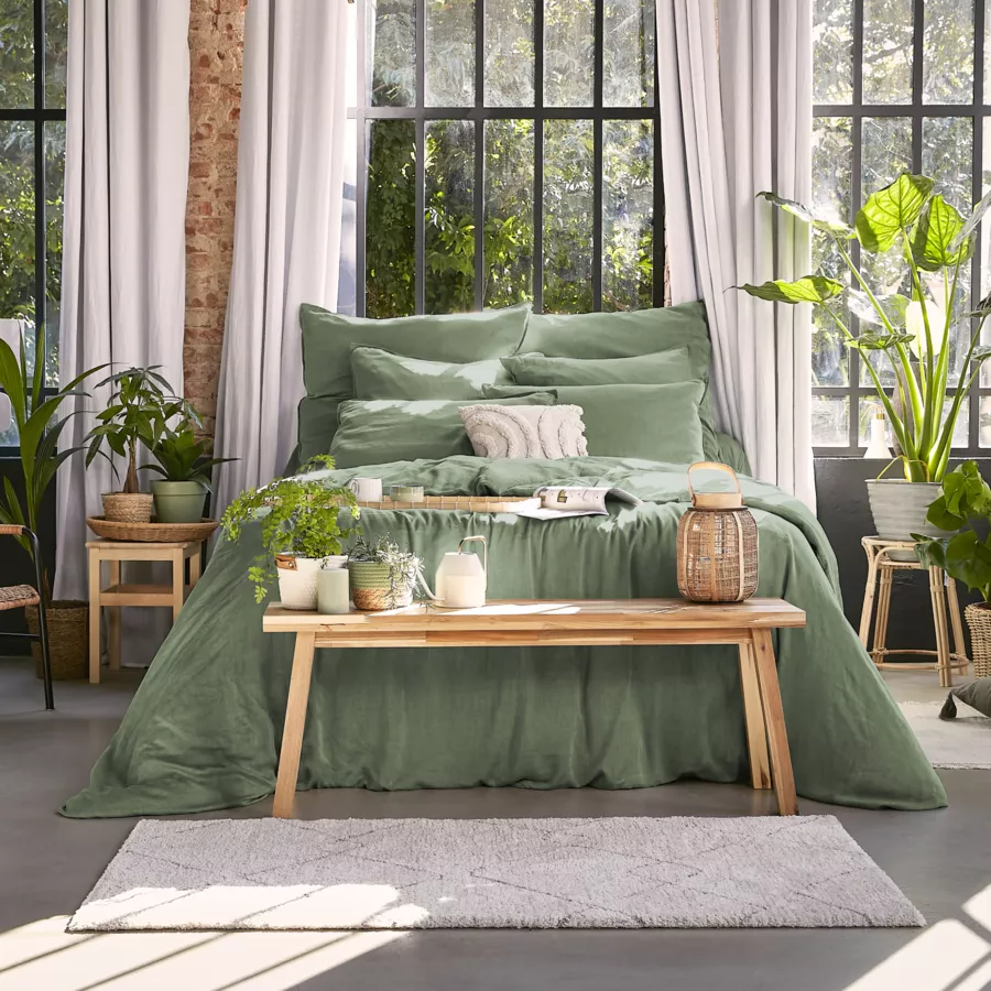 Drap housse lyocell Tencel™ lavé (140 x 200 cm) Olivia Vert romarin