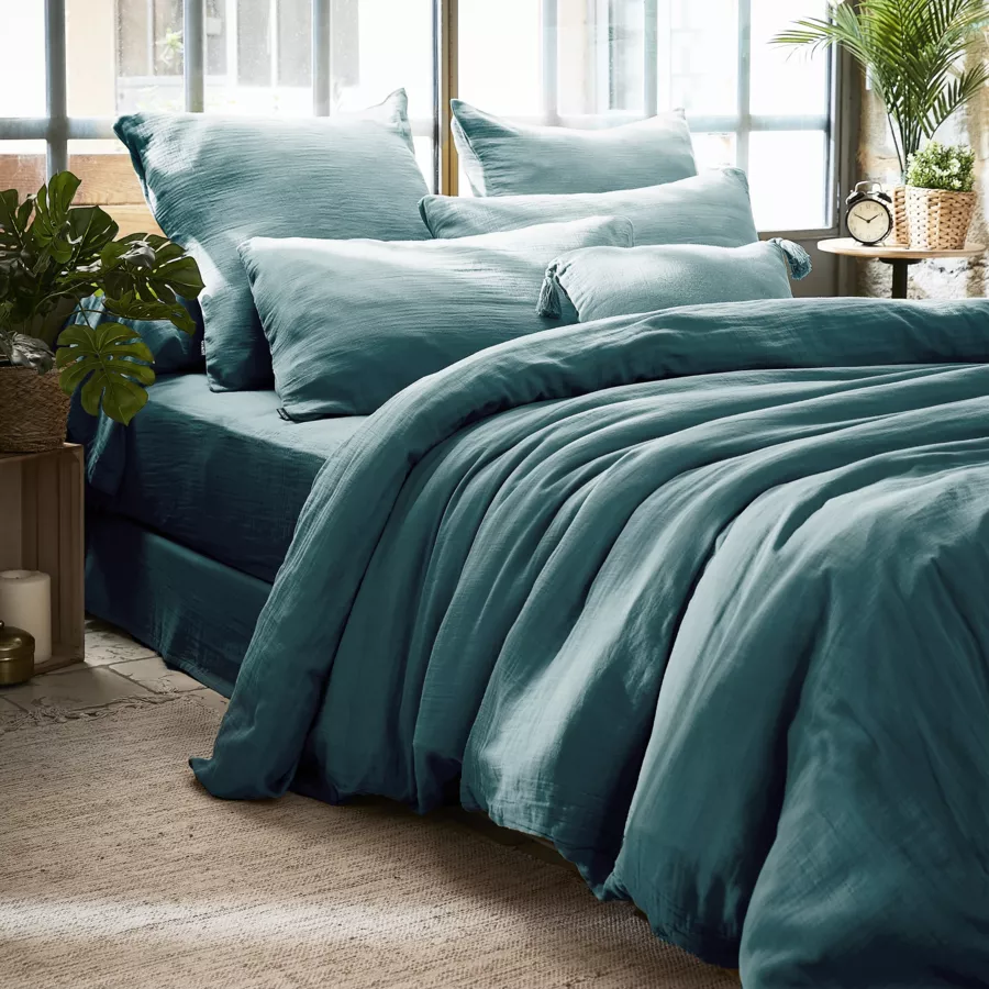 Drap housse gaze de coton (200 x 200 cm) Gaïa Bleu canard