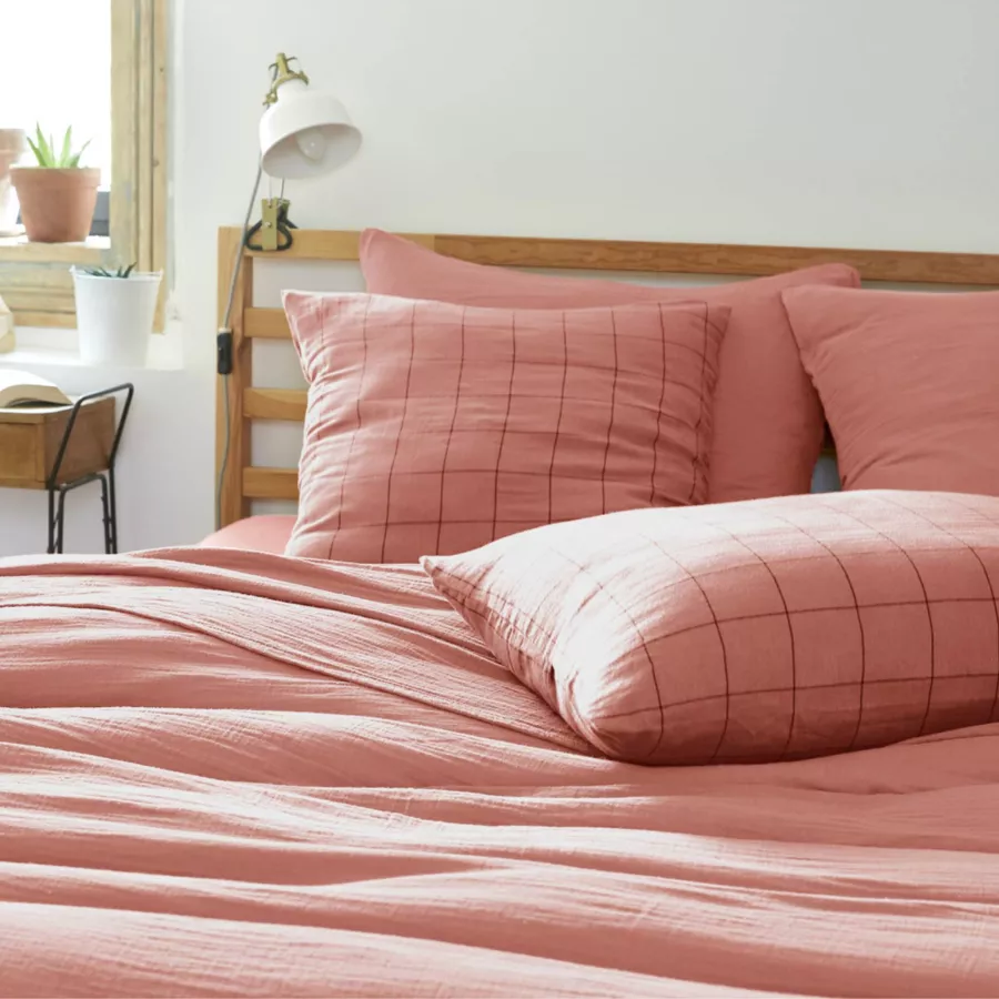 EM - Housse de couette rŽversible 140 x 200 cm Gaze de coton tissŽe teinte GAìA MATCH Rose pche