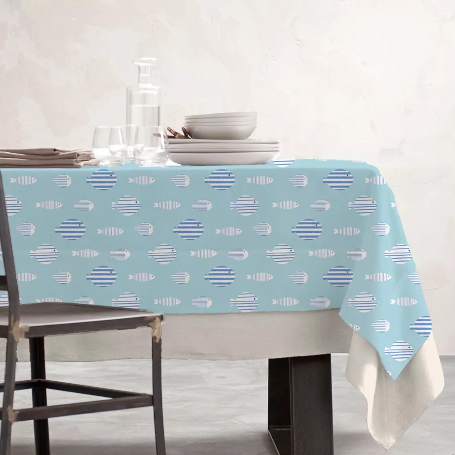 Tischdecke rechteckig Baumwolle beschichtet (150 x 250 cm) Fish Blau