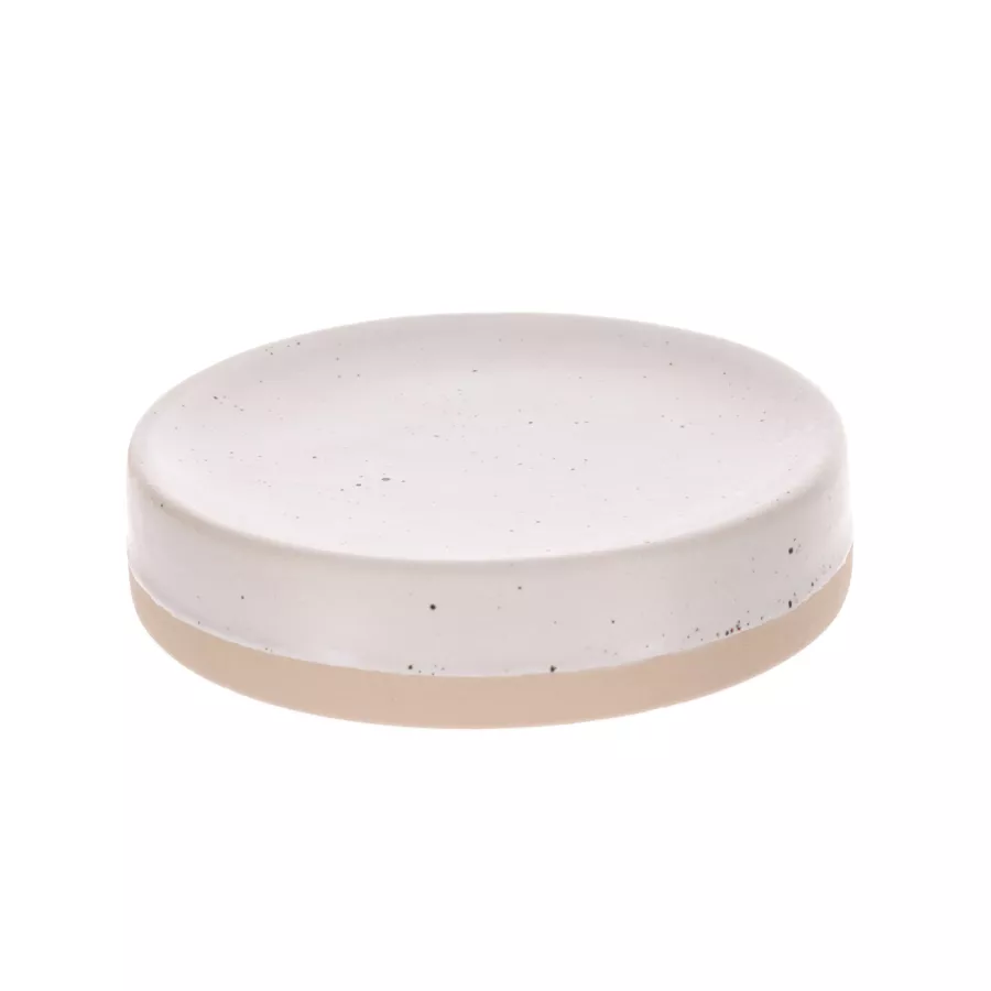SET GOBELET DISTRIBUTEUR A SAVON ET PORTE SAVON GRES MOUCHETE ET BASE - BLANC / BEIGE
