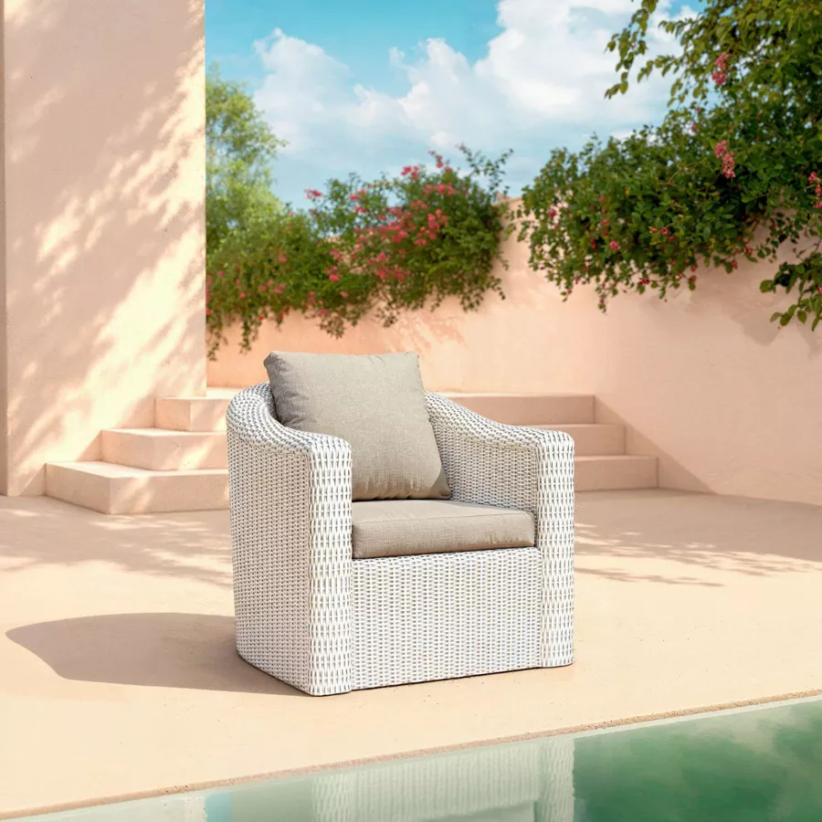 Salon de jardin en résine tressée 7 places 5 pcs Calvi Blanc et taupe