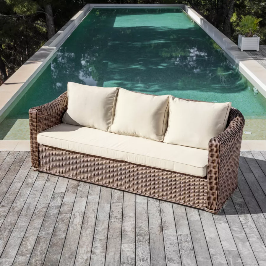 Salotto da giardino in resina intrecciata 7 posti 5 pezzi Calvi Seppia e beige