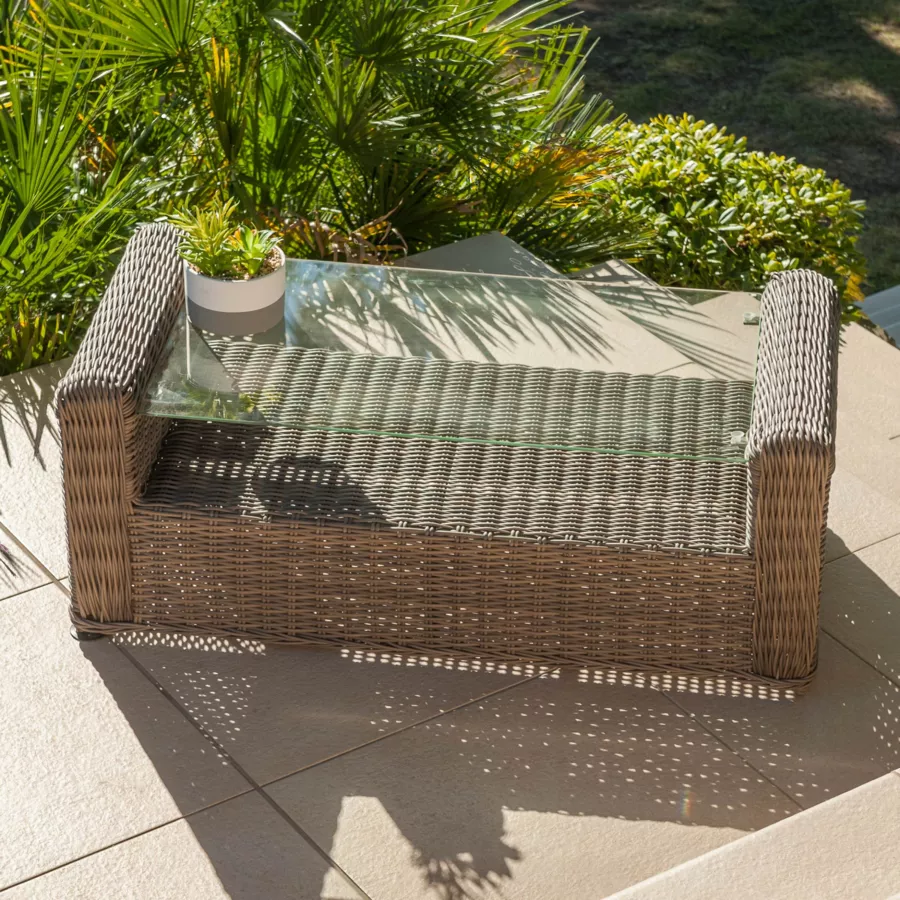 Salotto da giardino in resina intrecciata 7 posti 5 pezzi Calvi Seppia e beige