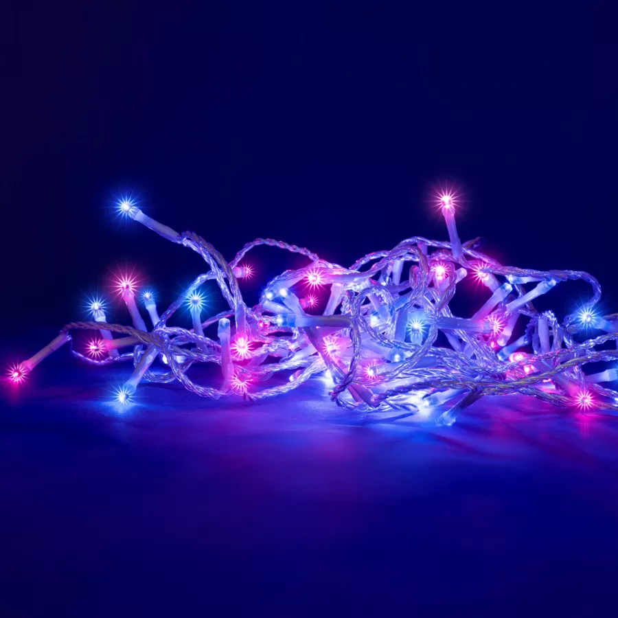 Guirlande lumineuse 8 m 128 LED câble transparent Bicolore Rose et bleu