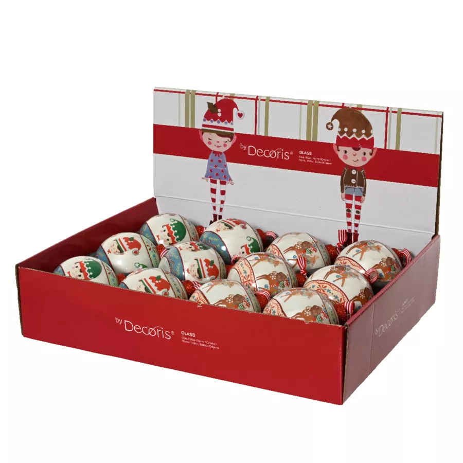 Lot de 12 boules de Noël en verre (D80 mm) Elfes et rennes Multicolore