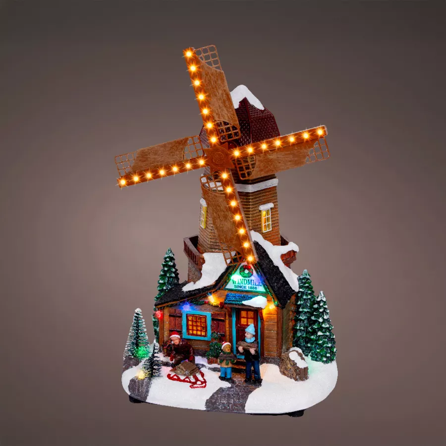 Village de Noël lumineux, animé et musical (H34 cm) Moulin et enfants