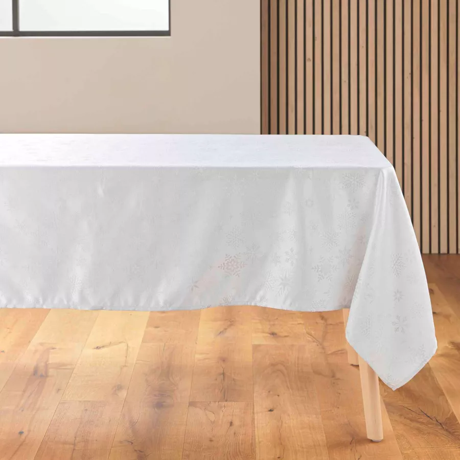 NAPPE RECTANGLE 140 x 240 CM JACQUARD FLOCONS BLANC