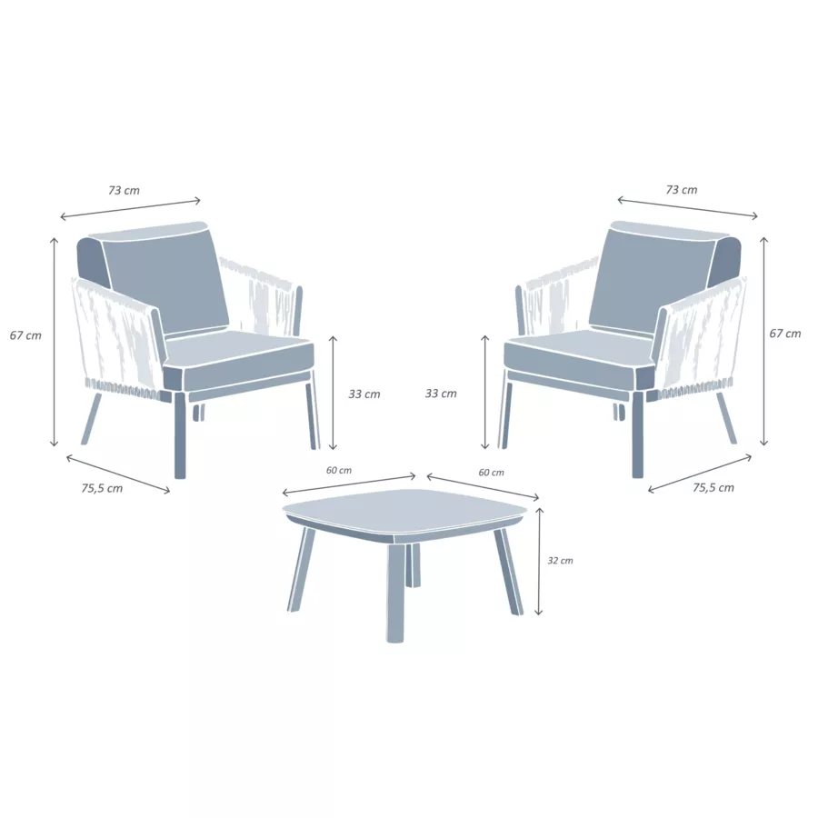 Conjunto de jardín en aluminio 2 plazas 3 piezas Amalfi Gris antracita y gris claro