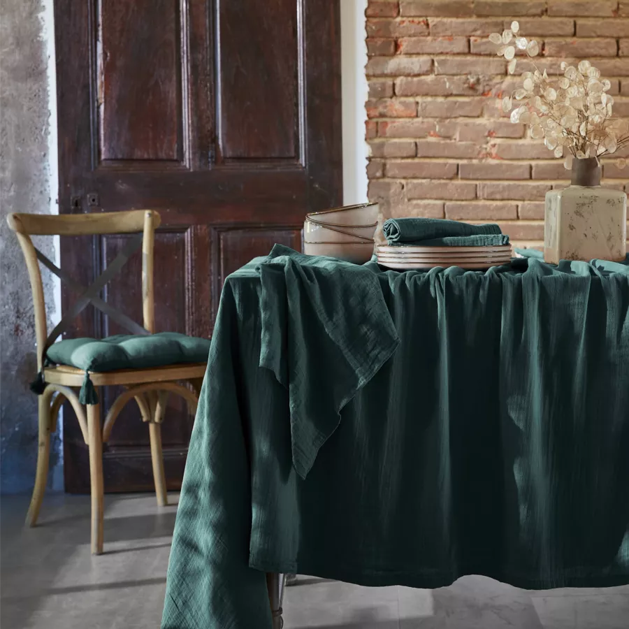 Lot de 3 serviettes de table gaze de coton (40 x 40 cm) Gaïa Vert sapin