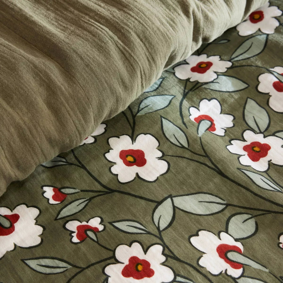 Housse de couette gaze de coton (140 x 200 cm) Gaïa marguerite Vert romarin