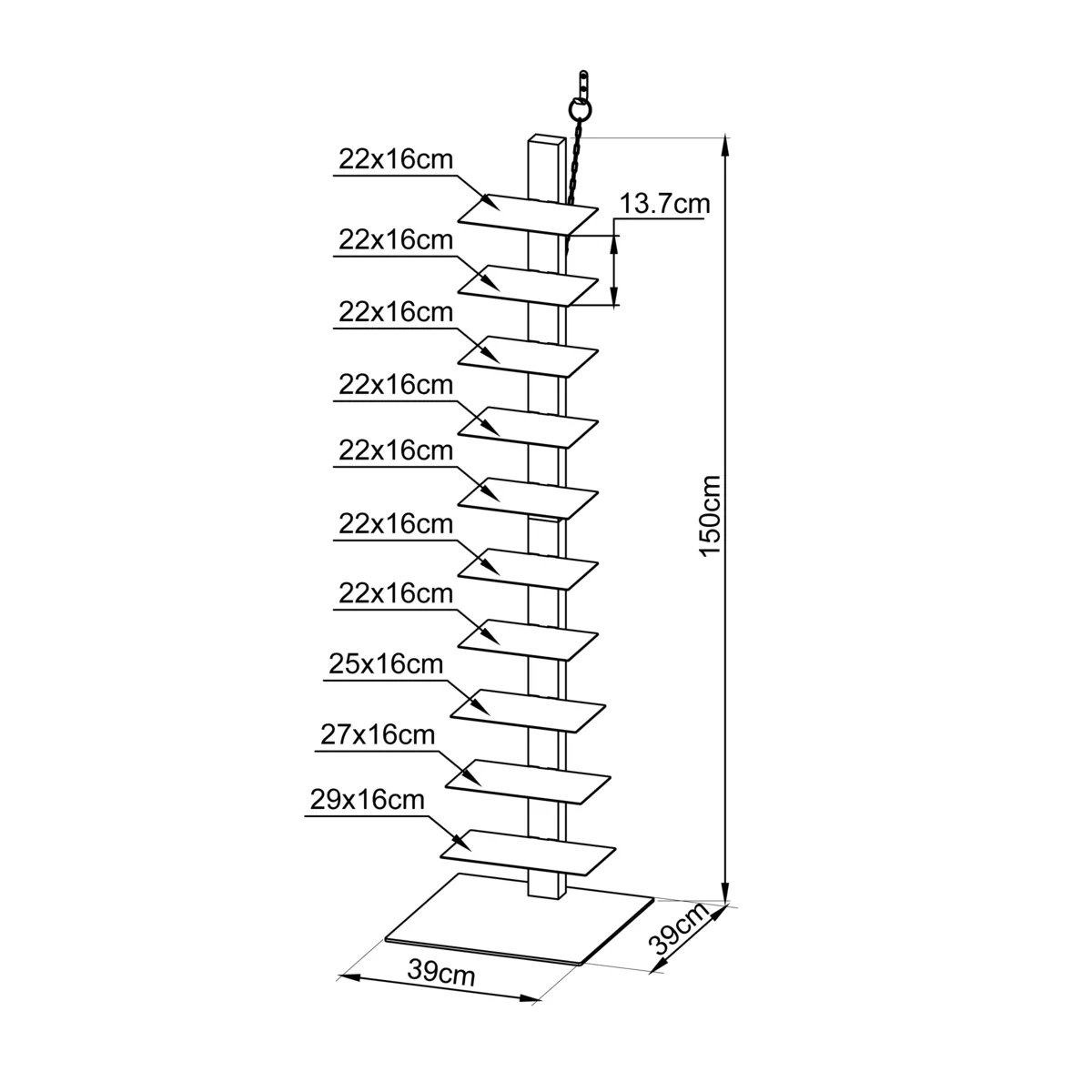 Etagère de rangement 10 niveaux (H150 cm) Bibliothèque Book Noir