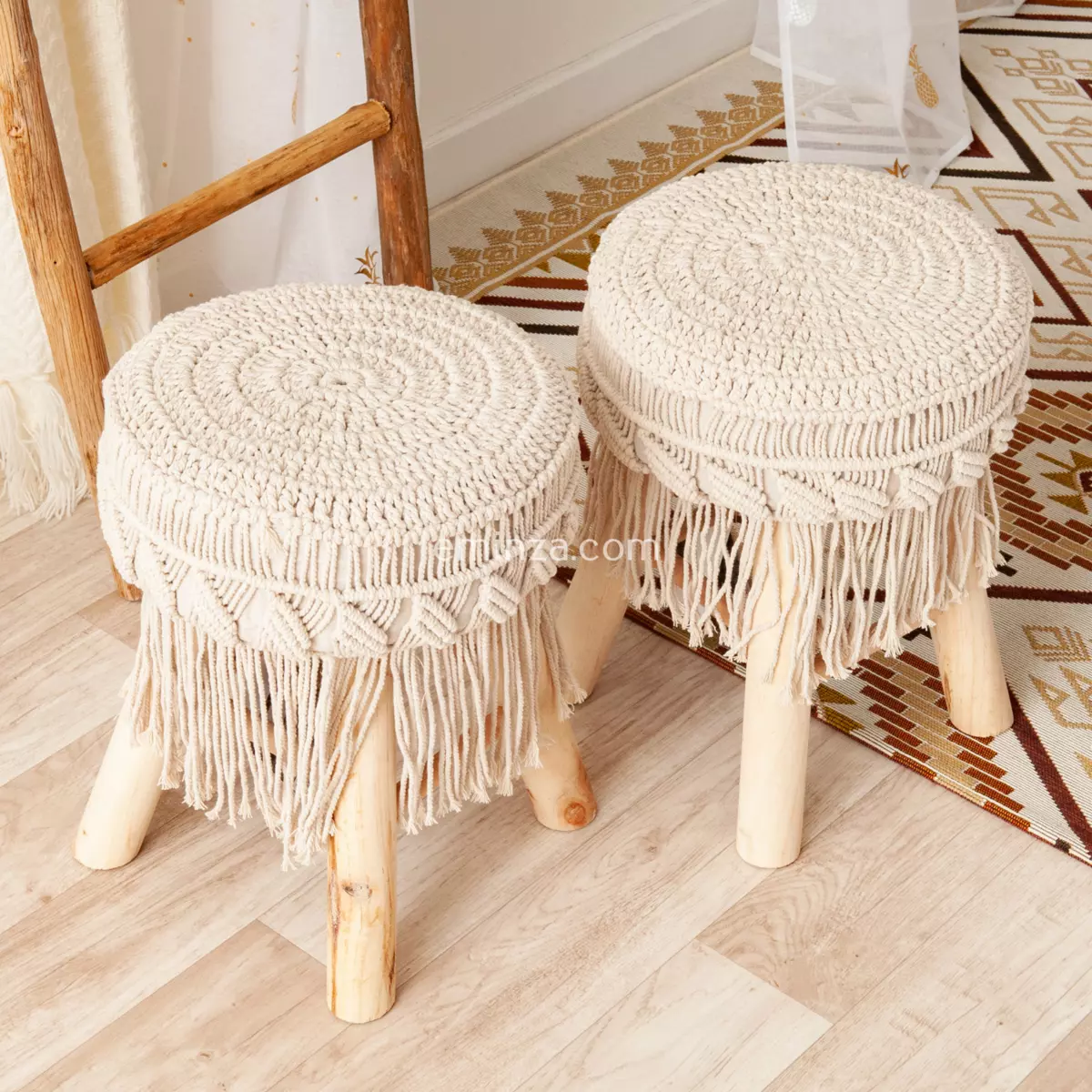 Set van 2 krukjes Macrame Eté Beige 1