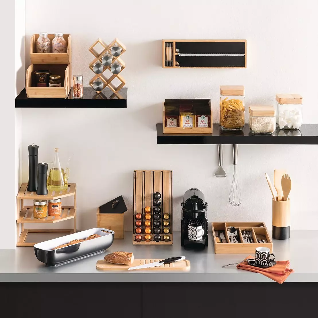 Etagère dérouleurs et compartiment Bambou Noir 2
